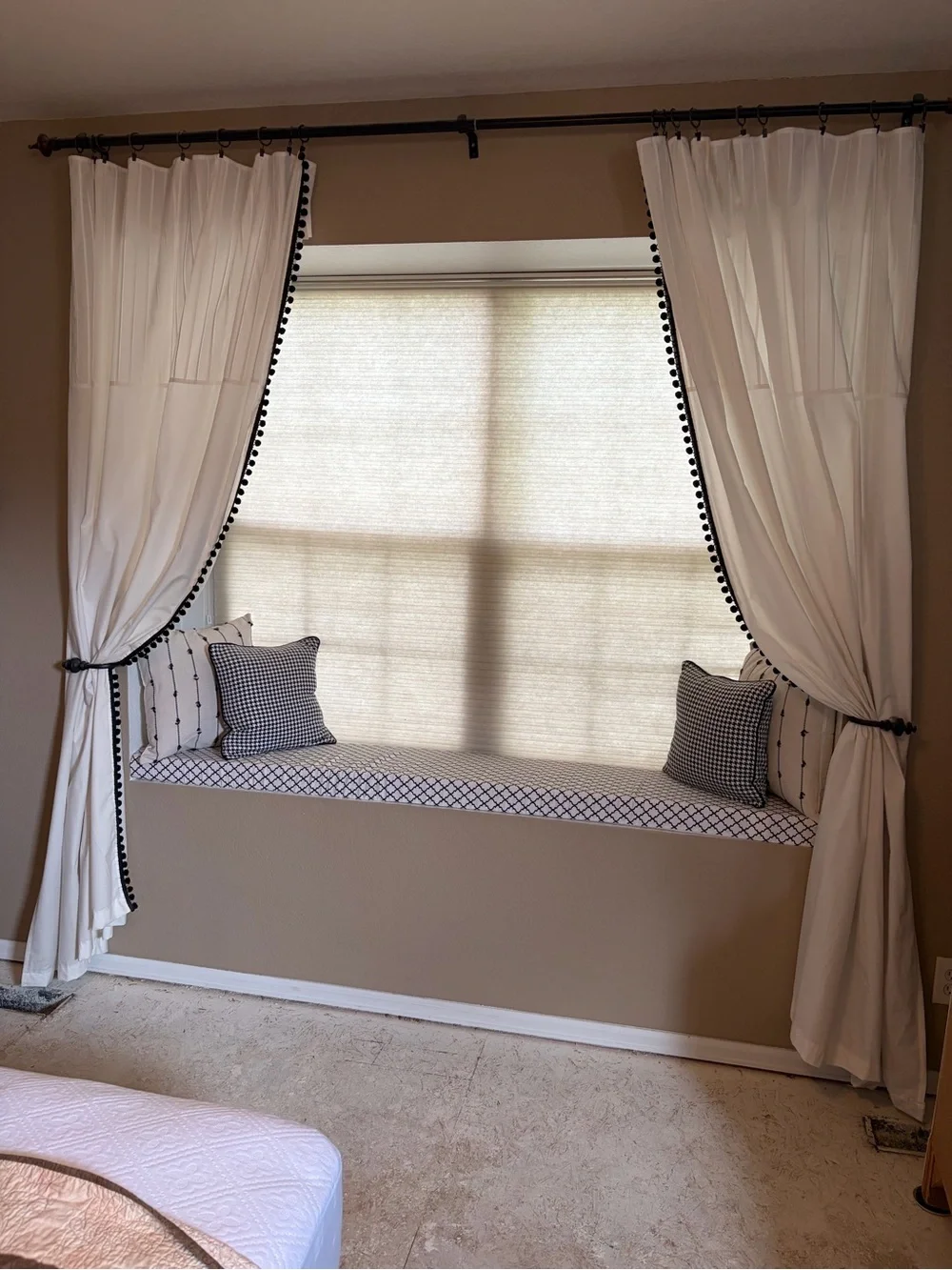 Elegant White Window Curtain Panels with Black Pom Trim
